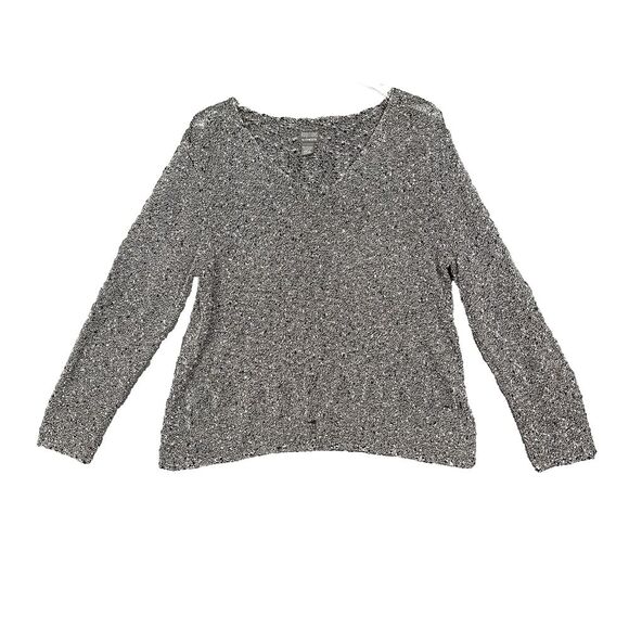 Chicos Sweater Womens 2 Large 12 Black White Marled Additions Lightweight V-Neck - Picture 1 of 8